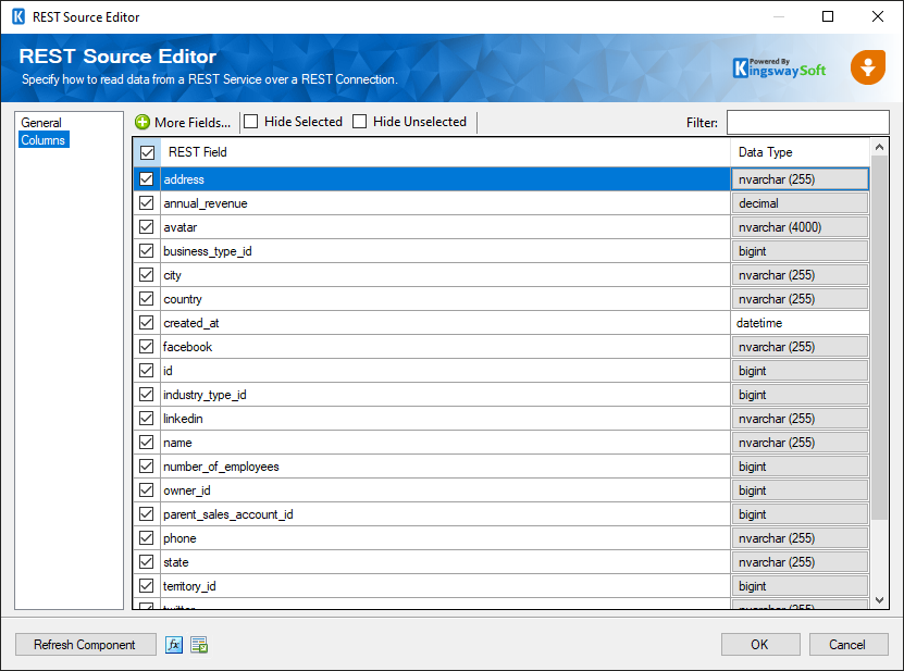 Freshsales Source component - Columns